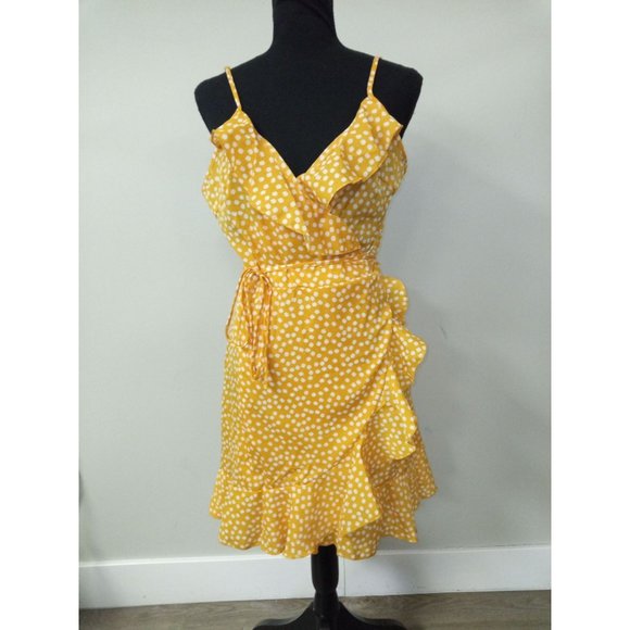 ROMWE Yellow Polka Dot Ruffle Wrap Dress Size 14 - Picture 1 of 8